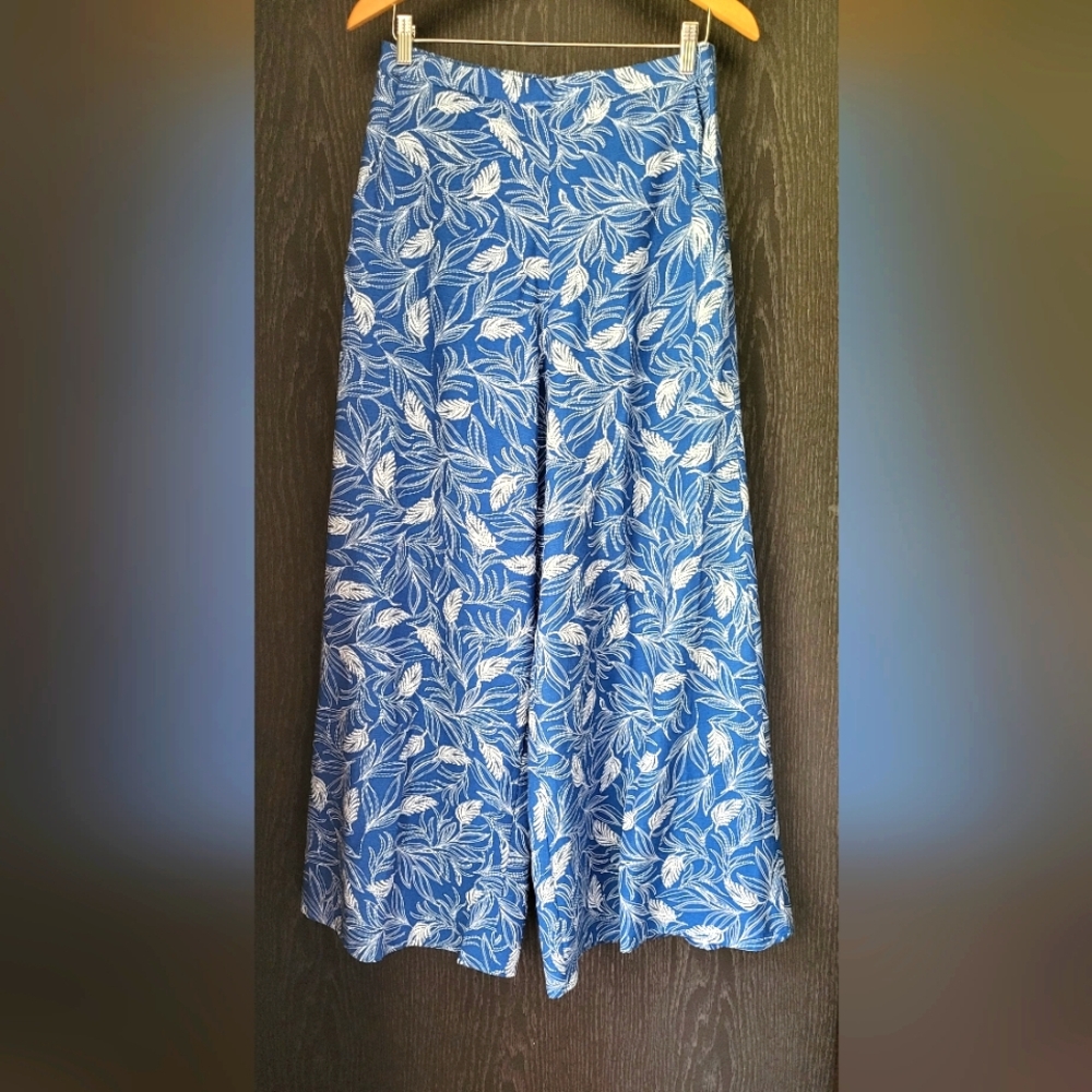 Blue Feather Print Wide Leg Palazzo Pants